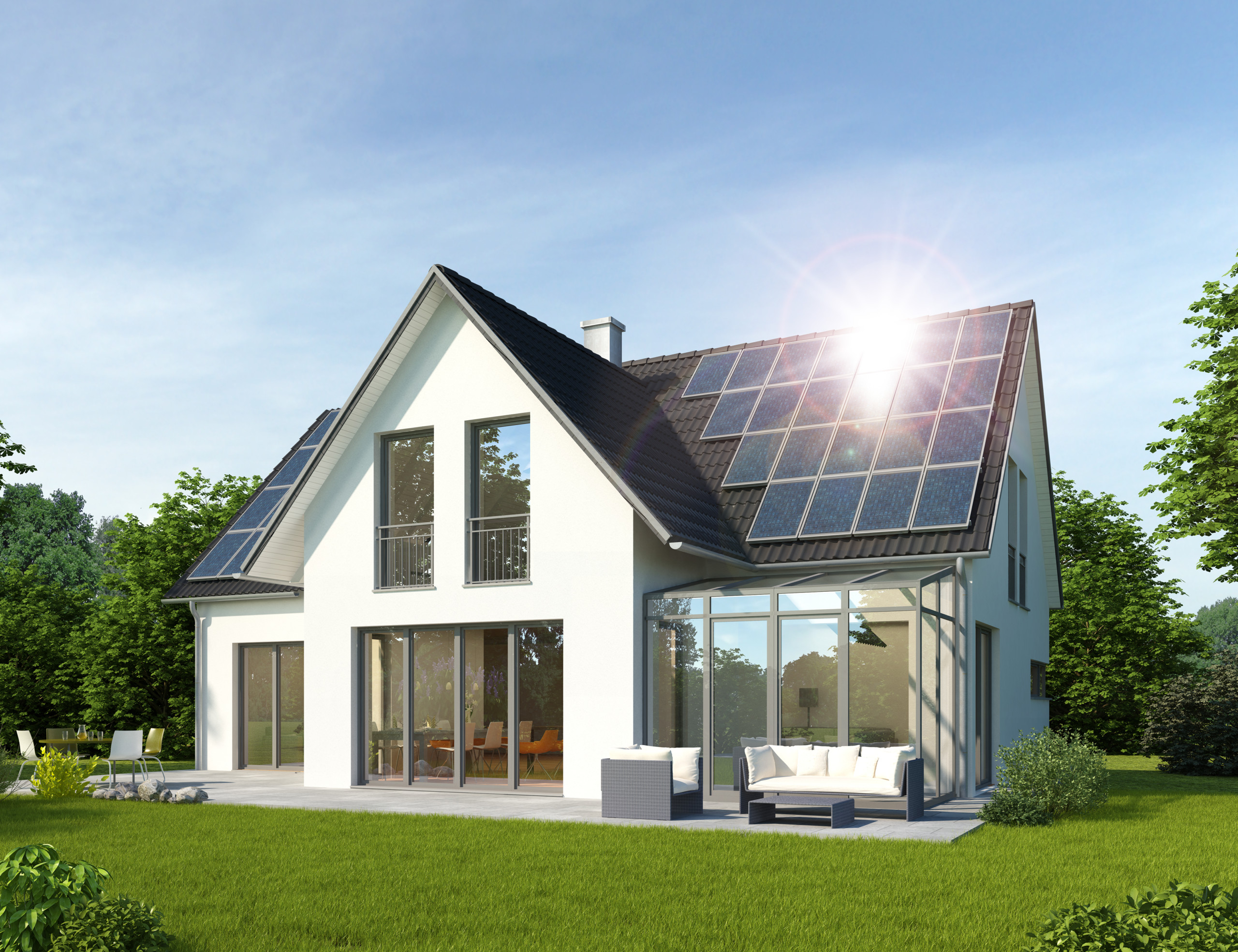 3d,Rendering,Of,A,House,With,Conservatory,And,Solar,Panels